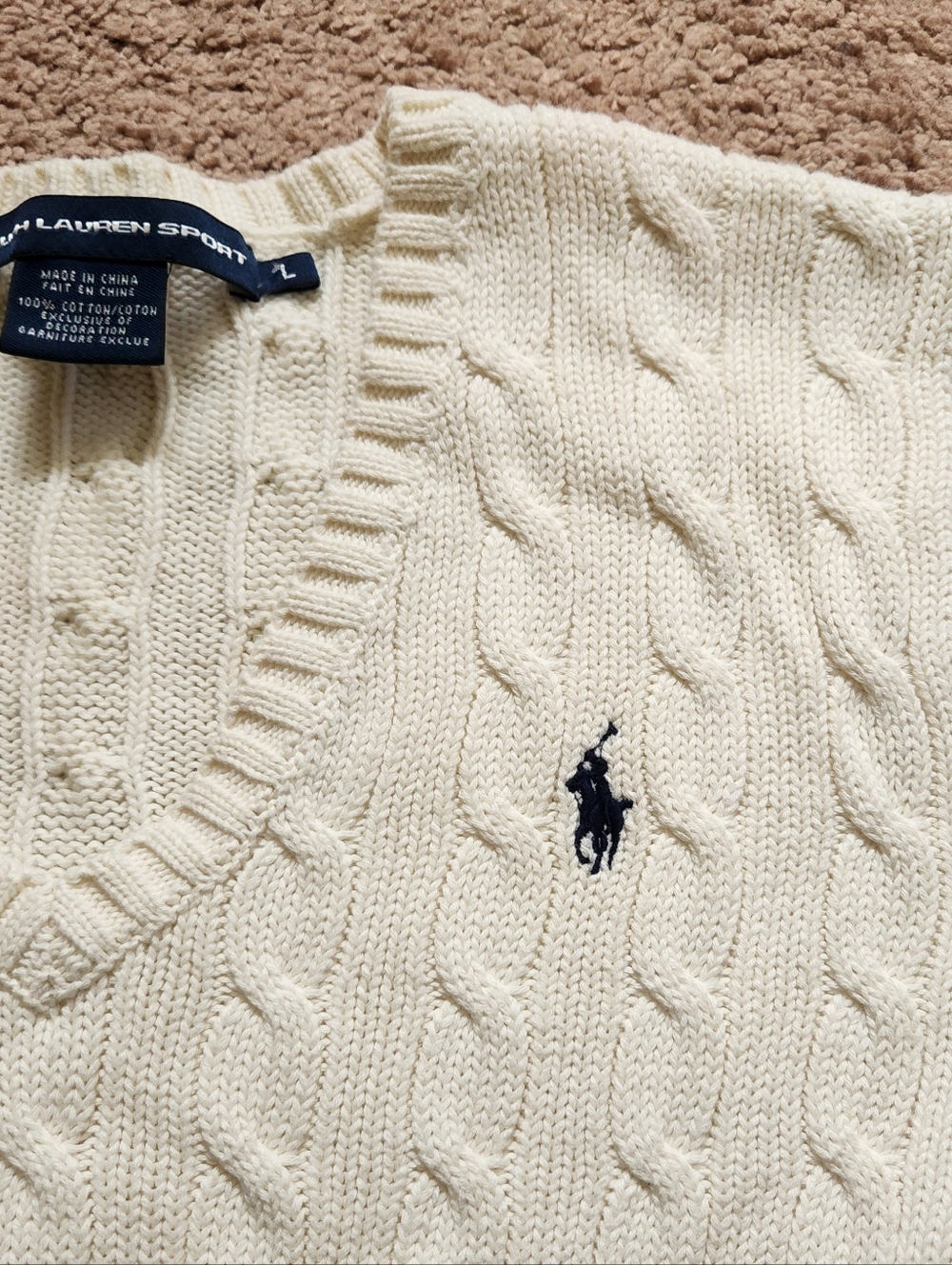 Y2K Ralph Lauren cable knit v neck sweater ivory womens vintage tennis preppy L - Picture 5 of 5